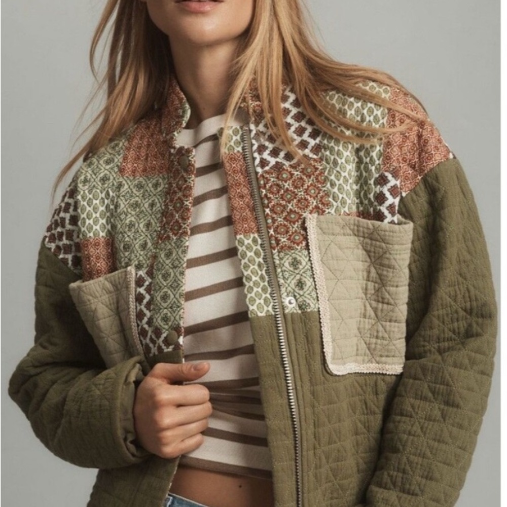 Patchwork Quilted Jacket - Olive Green